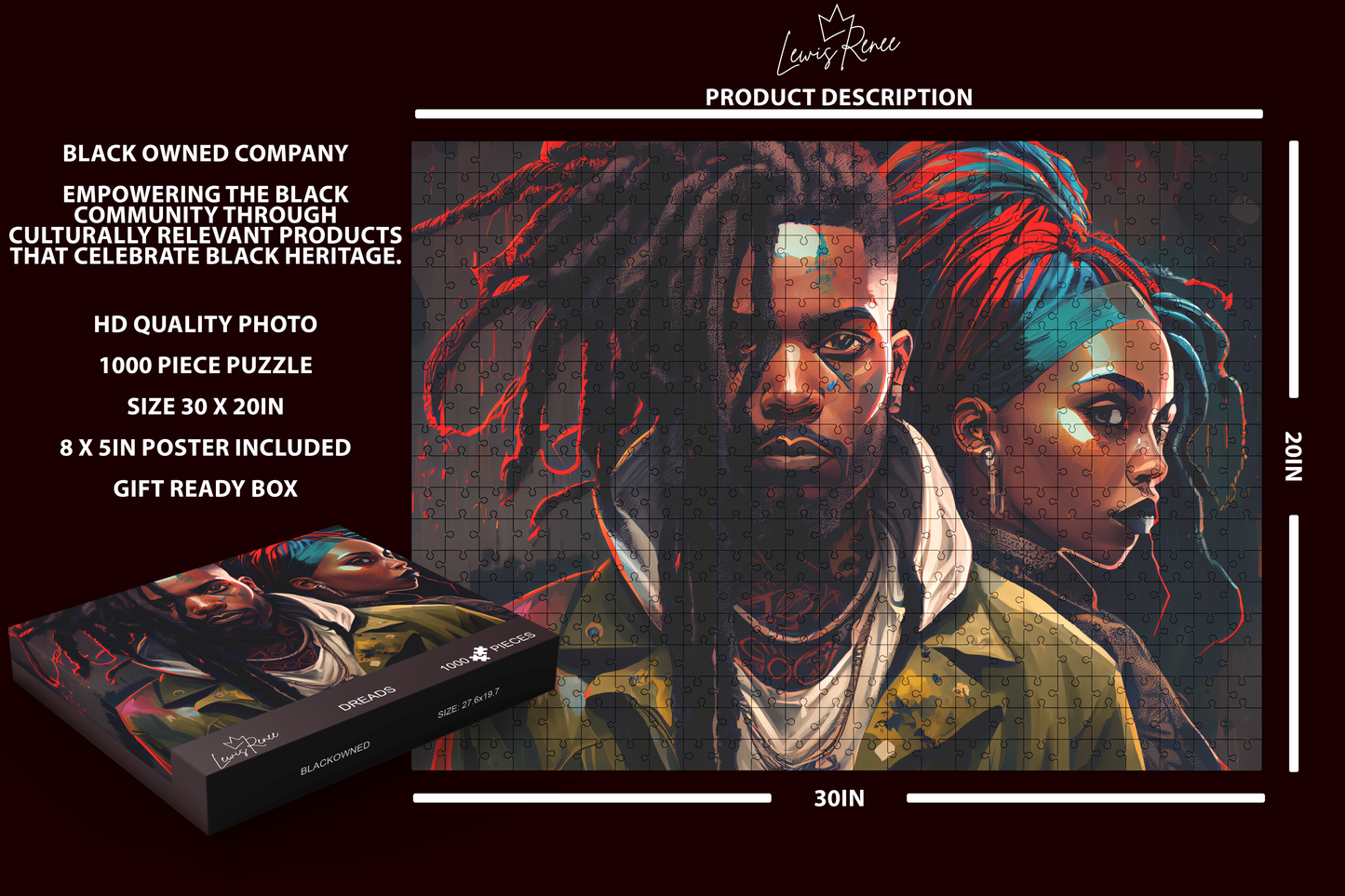 Black People Africa Jigsaw Puzzle: LewisRenee 1000 Piece Art - Creative Mind-Boosting Activity for Adults (Dreads)